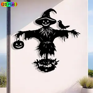 1pc Avant - Garde Scarecrow With Crow And Jack - O'- Lantern Metal Wall Art, Avant - Garde Scarecrow With Crow And Jack - O'- Lantern Statue Mural,Perfect for Outdoor Space, Garden, Patio Wall Decor, Halloween Decor, Ideal Gift for Trend Seekers
