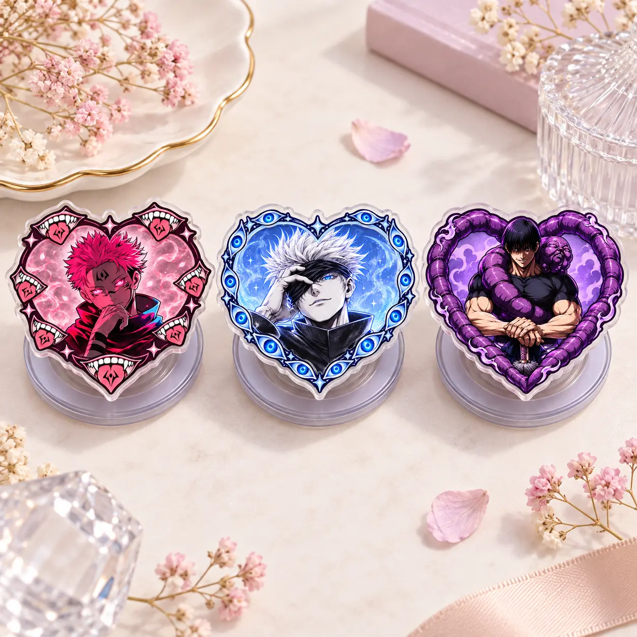 Anime Boy Heart Shaped Acrylic Magnetic Phone Grip Set - Removable Holder Stand