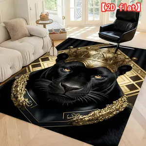 2D flat Black Panther wearing a golden crown, majestic and extraordinary. Pattern washable carpet, fashionable and durable, suitable for living room/bedroom/indoor and outdoor entrance, home/hotel/cafe doormat, Washable Floor Mat, perfect party decoration