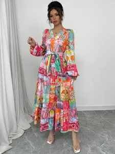 Boho Floral Print Long Dress, Bohemian Colorblock Design, V Neck Tie Waist Bubble Sleeves, Women's Vacation Party Gown, Elegant Style