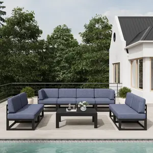 LayinSun Large Aluminum Patio Furniture Set, 9 Piece Modern Outdoor Conversation Set Sectional Metal Sofa Set with Olefin Cushion