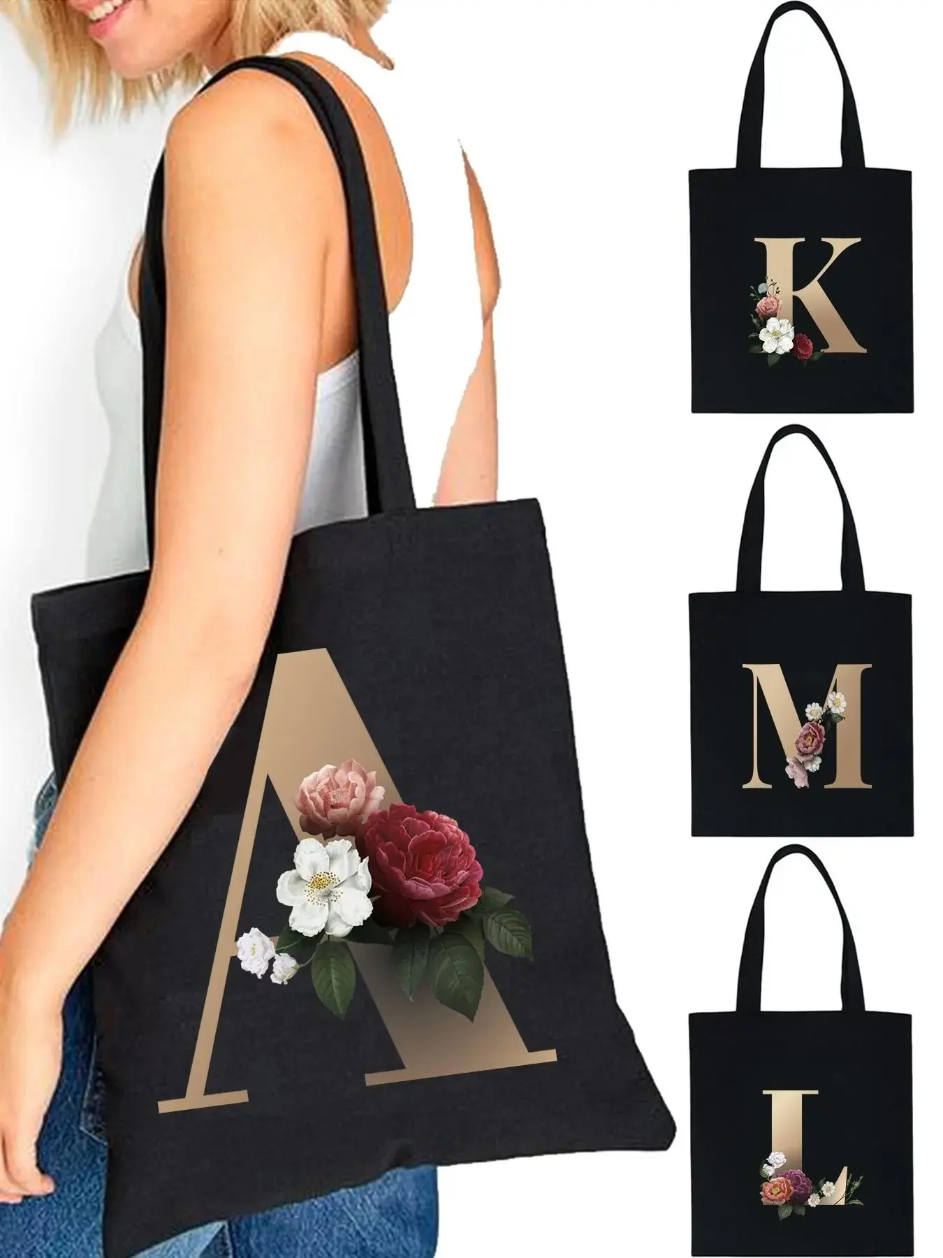 Fashion Letter Pattern Canvas Shoulder Bag, 1 Count Casual Shopping Bag for Women, Outdoor Picnic Tote Bag, Floral Letter Pattern Series Travel Storage Shoulder Bag
