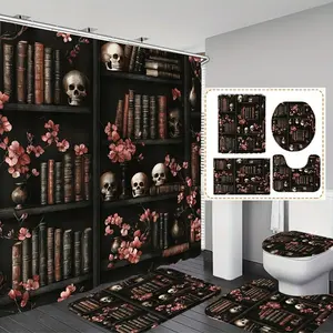 Halloween Spooky Floral Skull Bookcase Print Restroom Shower Curtain Set, Includes Hooks, Non-Slip Bath Mat, U-Shaped Rug, Toilet Seat Cover, Home Decor