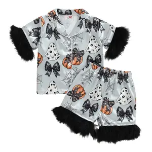 Toddler Girls Halloween Silk Feather Trim Pajamas Set Pumpkin Ghost Print Lapel Button Up Shirt Shorts Kids Satin Sleepwear