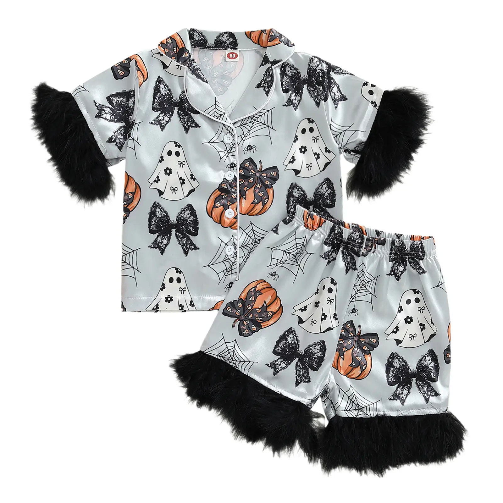 Toddler Girls Halloween Silk Feather Trim Pajamas Set Pumpkin Ghost Print Lapel Button Up Shirt Shorts Kids Satin Sleepwear