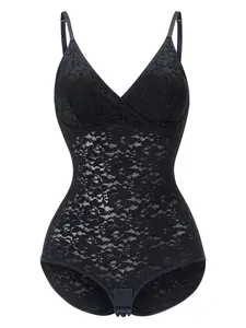 Plus Size Floral Lace Adjustable Strap Shapewear Cami Bodysuit, Breathable Comfortable Hook & Eye Closure Crotch High Stretch Shaper, Women's Shapewear for All Seasons