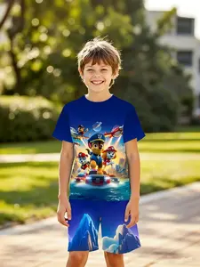 Boys' 3D Blue Starry Sky Dog Print Short Sleeve Two-Piece Set, Fashion Outdoor Sports, Holiday Gift, Birthday Present