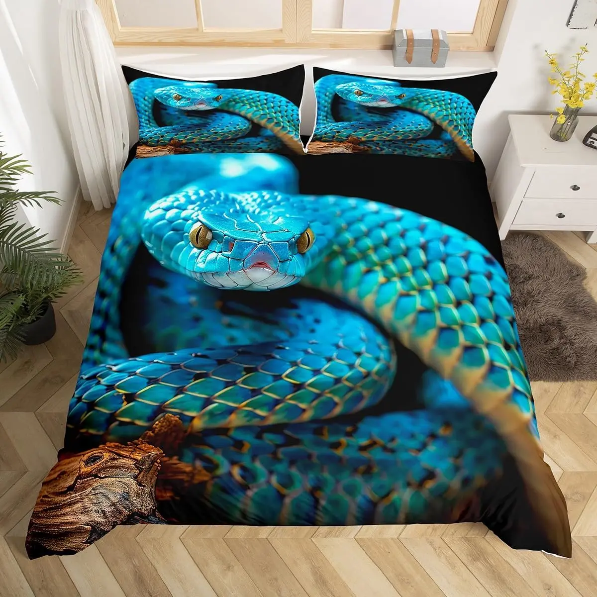 Blue Snake Bedding Set Bedroom,3D Reptile Bed Duvet Cover Set,Snake Skin Printed Comforter Cover Palm Leaf Decor 1 Duvet Cover No Comforter
