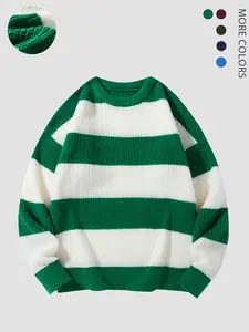 Men's Colorblock Striped Drop Shoulder Knitted Sweater, Loose Casual Long Sleeve Round Neck Knitwear for Fall & Winter, Daily Fashion, Menswear Tops