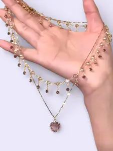 It Takes Two Necklace Set - Gold-Tone Chain with Purple Heart-Shaped Gemstone Pendant & Dangling Crystal Accents for Elegant Romantic Charm