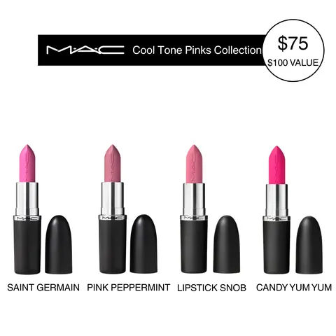 MAC Cool Tone Pinks Collection | Saint Germain, Pink Peppermint | Snob & Candy Yum Yum | Sleek Satin Lipstick, 4-piece Lip Set