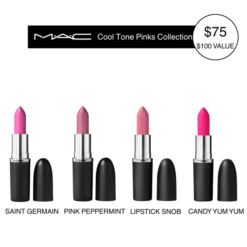 MAC Cool Tone Pinks Collection | Saint Germain, Pink Peppermint | Snob & Candy Yum Yum | Sleek Satin Lipstick, 4-piece Lip Set