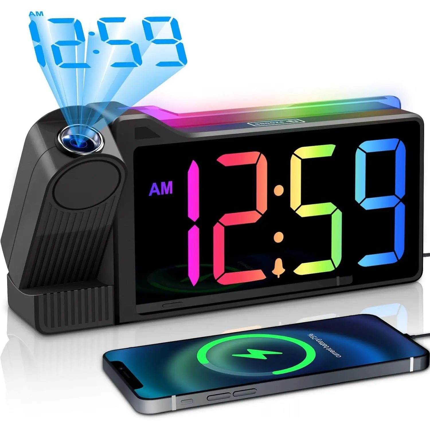 RGB Light Projection Alarm Clock for Bedroom Ceiling - Adjustable 5-Brightness Eye Care Dimmer, Color Changing Large Display, Loud for Heavy Sleepers, Plug-In Bedside LED Digital Clock with USB Port, Room Decor