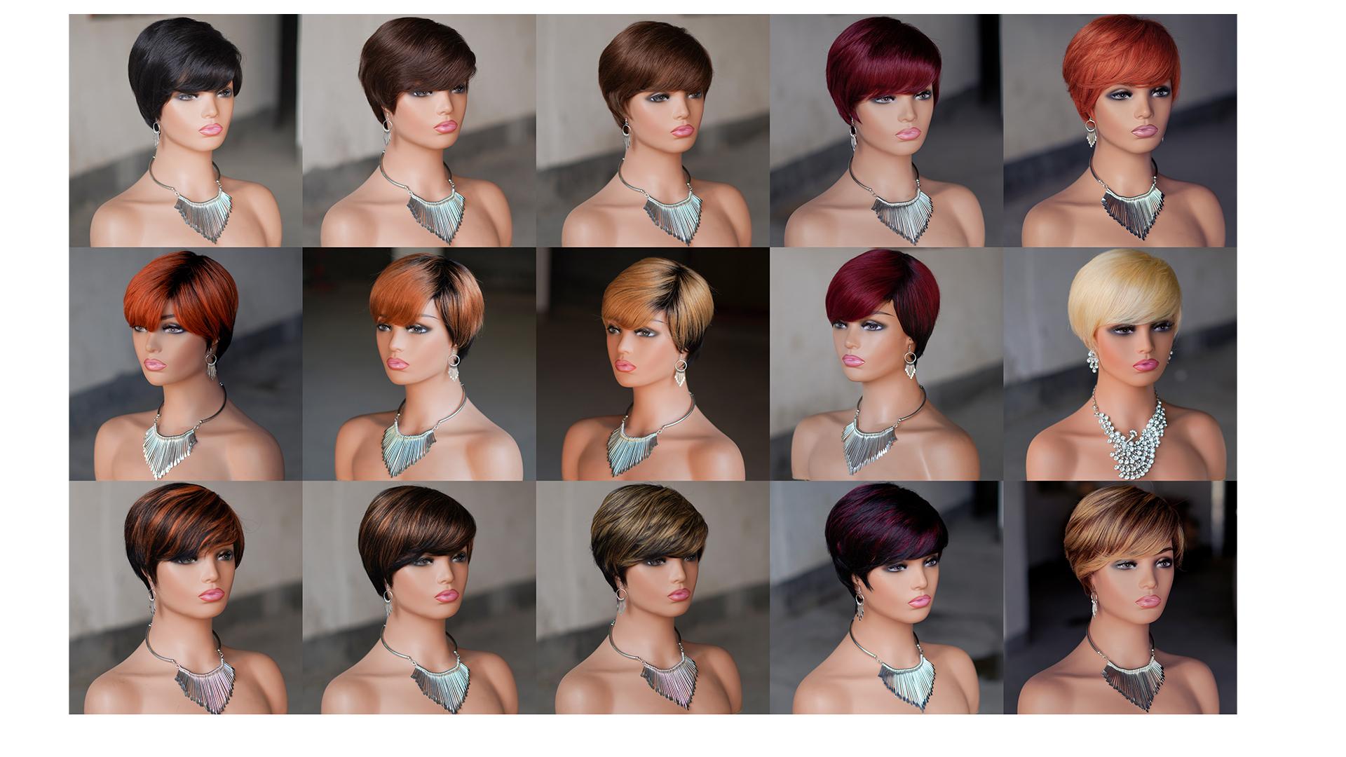 "Glueless Short Pixie Cut Wig With Bangs 180% Density Brazilian Virgin Human Hair P1B/99J 6 Inch Layered Natural Look Full Machine Made Wig Caps For Daily Party & Salon Use "	