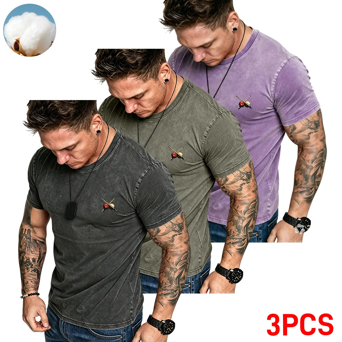 3-Pack Men's T-Shirts, Vintage Washed Billiards Graphic Print, Oversize Streetwear Short Sleeve Crewneck for Summer Casual Wear, Baggy, Shortsleeve, Menswear, T-Shirt Set, Pure Cotton, Loose-Fit, Geometric, Billiard Print, Cold Wash, Crew Neck, Oversized,