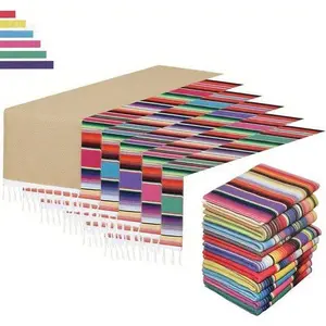 Colorful Serape Table Runners Set - 6 Pack Long Boho Party Decorations - 14" x 84" Rainbow Striped Table Cover - Washable Reusable Fabric for Cinco de Mayo Fiesta - Vibrant Mexican Theme Dining Accent