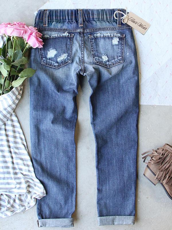 Women’s Ripped Patch Boyfriend Jeans with Multiple Cute Prints Loose Washed Denim Mid-Waist Elastic Waist Breathable & Comfy