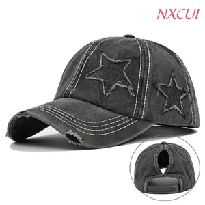 NXCUI Distressed Star Ponytail Baseball Cap, Washed Cotton Adjustable Sun Hat for Women, Vintage Trucker Hat with Glitter Star