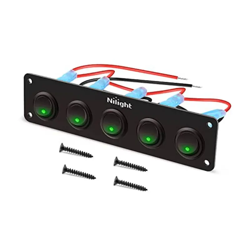 Nilight 5-Gang Rocker Switch Panel - 5 Single On-Off Switches, 3-Pin Splash-Proof Anti-Corrosion ABS Aluminum, 20A Green Toggle, 12V/24V DC, Off-Road Light Control, Car Truck Boat Electrical Accessories