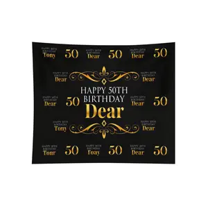 50th Birthday Photo Backdrop: Step and Repeat Background, Gold Black White Photography Banner Black Happy 50th Birthday Banner With Gold Text And Decorative Patterns For Outdoor Party Celebration
