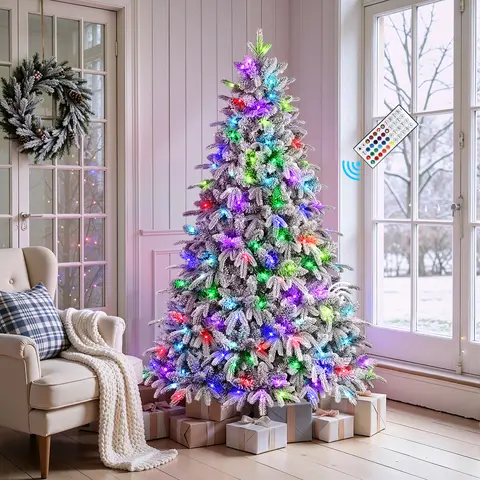 【 RGB Lights & Remote 】Alupssuc 2026 Upgraded Snow-Flocked Cedar Christmas Tree with Remote Control, Pre-Lit Artificial Christmas Tree, Full Realistic Branches, Auto-Memory Mode, 4/5/6/7/7.5/8/9FT, Home Decor, Indoor Holiday Decor