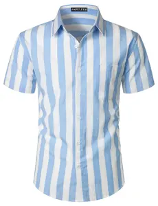 PARKLEES Mens Summer Casual Button Down Striped Short Sleeve Shirt Cotton Linen Breathable Lightweight Beach Vacation Sailor Shirts Blue Striped Medium