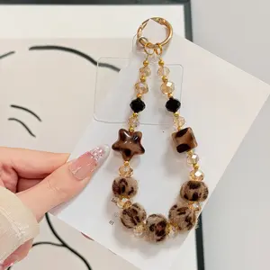 Leopard Print Plush Beaded Phone Chain Phone Charm | Crystal Beads + Fur Balls + 3D Decoration | Sweet & Cool | Daily Outing/Store Visit Phone Accessory | Hot Girl Vibe Outfit Item