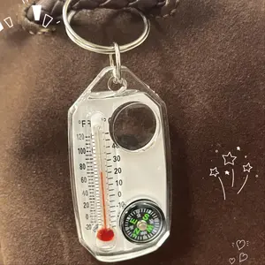 Portable Mini Outdoor Adventure Tool Set, Acrylic Material Keychain with Thermometer Built in Compass & Magnifying Glass, Ideal for Hiking Camping Travel, Camping Tools