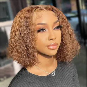 Curly Bob Wig Human Hair 180 Density Highlight 13x4 Short Bob Wig Human Hair 4/27# Pre Plucked HD Lace Frontal Wet and Wavy Honey Blonde Curly Wave Colored Wigs Glueless 14inch