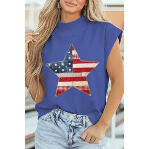 Sky Blue Faux Patchwork Patriotic Star Printed High Neck Top