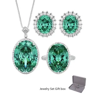 Vintage Simulated Gemstone Paraiba Green Oval Cut Jewelry Set for Women Ring Earrings  Necklace     Single Row Halo CZ    Luxury Fashion Accessories Gifts for Women