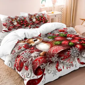Christmas Deer & Floral Digital Print Bedding Set, 3-Piece (1 Fitted Sheet + 2 Pillowcases), Polyester Fiber 90g, Decorative Bedding Set, No Core