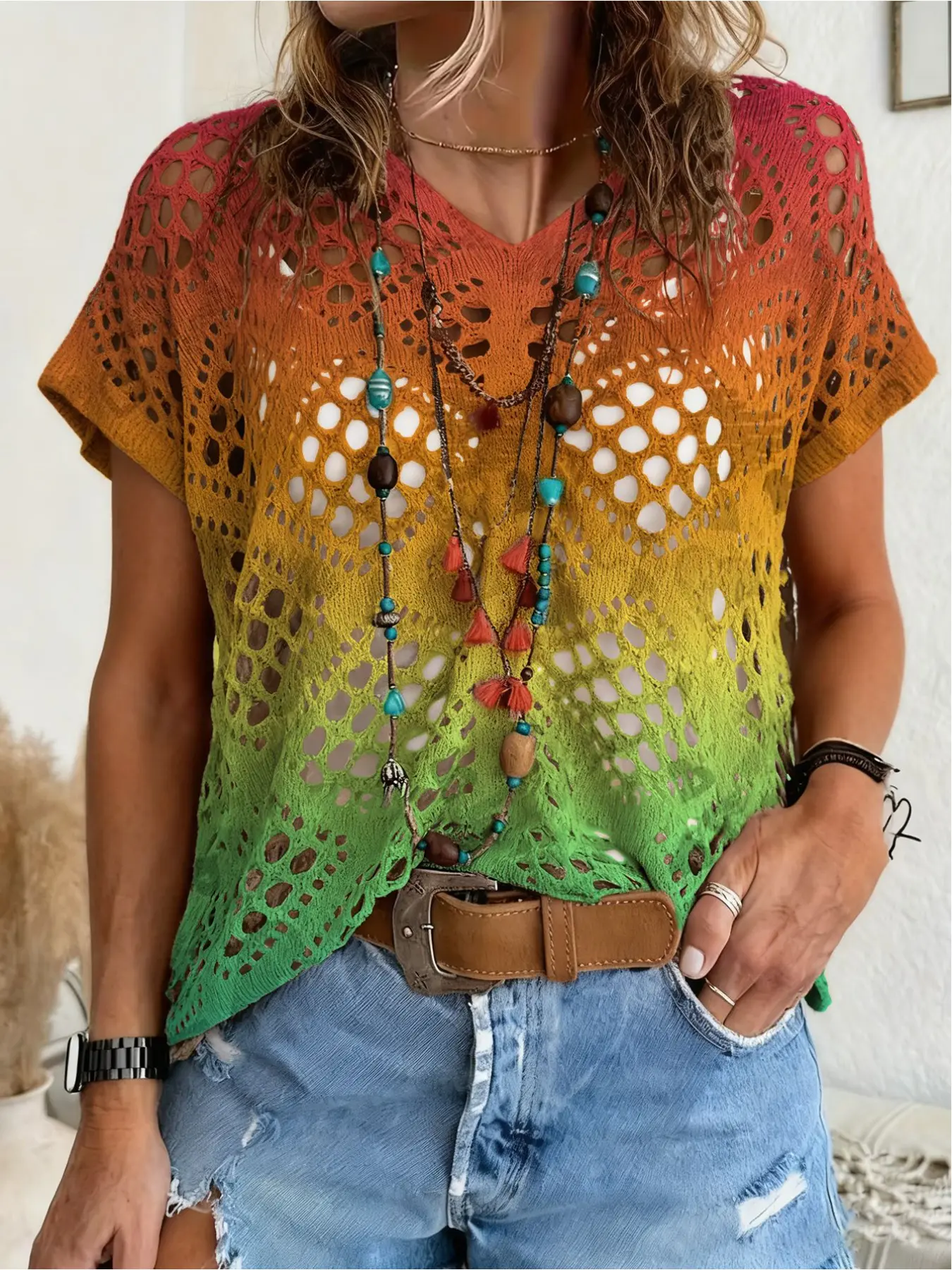 Spring/Summer V-neck diamond hollow loose batwing short sleeve cover-up, contrast floral print women's knitted top, vacation style, casual elegant commute, women's vest cover-up, bikini cover-up, Bohemian beach cover-up.