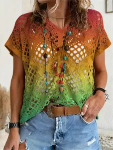 Spring/Summer V-neck diamond hollow loose batwing short sleeve cover-up, contrast floral print women's knitted top, vacation style, casual elegant commute, women's vest cover-up, bikini cover-up, Bohemian beach cover-up.