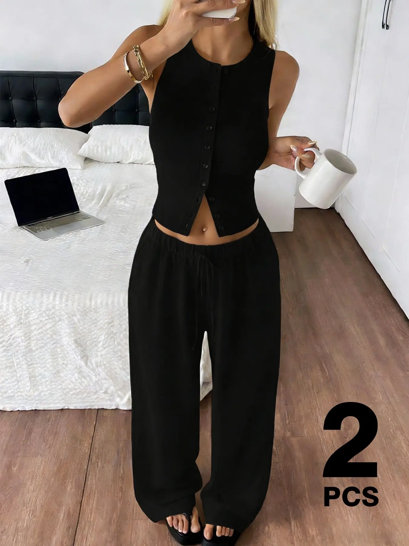 Women's Black Two-Piece Loungewear Set, Sleeveless Button-Detail Top & Flowing Wide-Leg Pants, Soft Breathable Fabric, Perfect for Home & Casual Wear