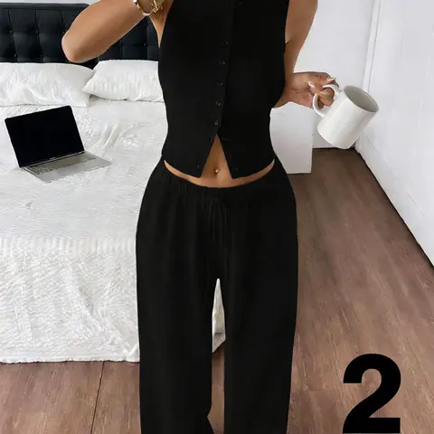 Women's Black Two-Piece Loungewear Set, Sleeveless Button-Detail Top & Flowing Wide-Leg Pants, Soft Breathable Fabric, Perfect for Home & Casual Wear, Pajamas Lounge Set, Pyjamas Set