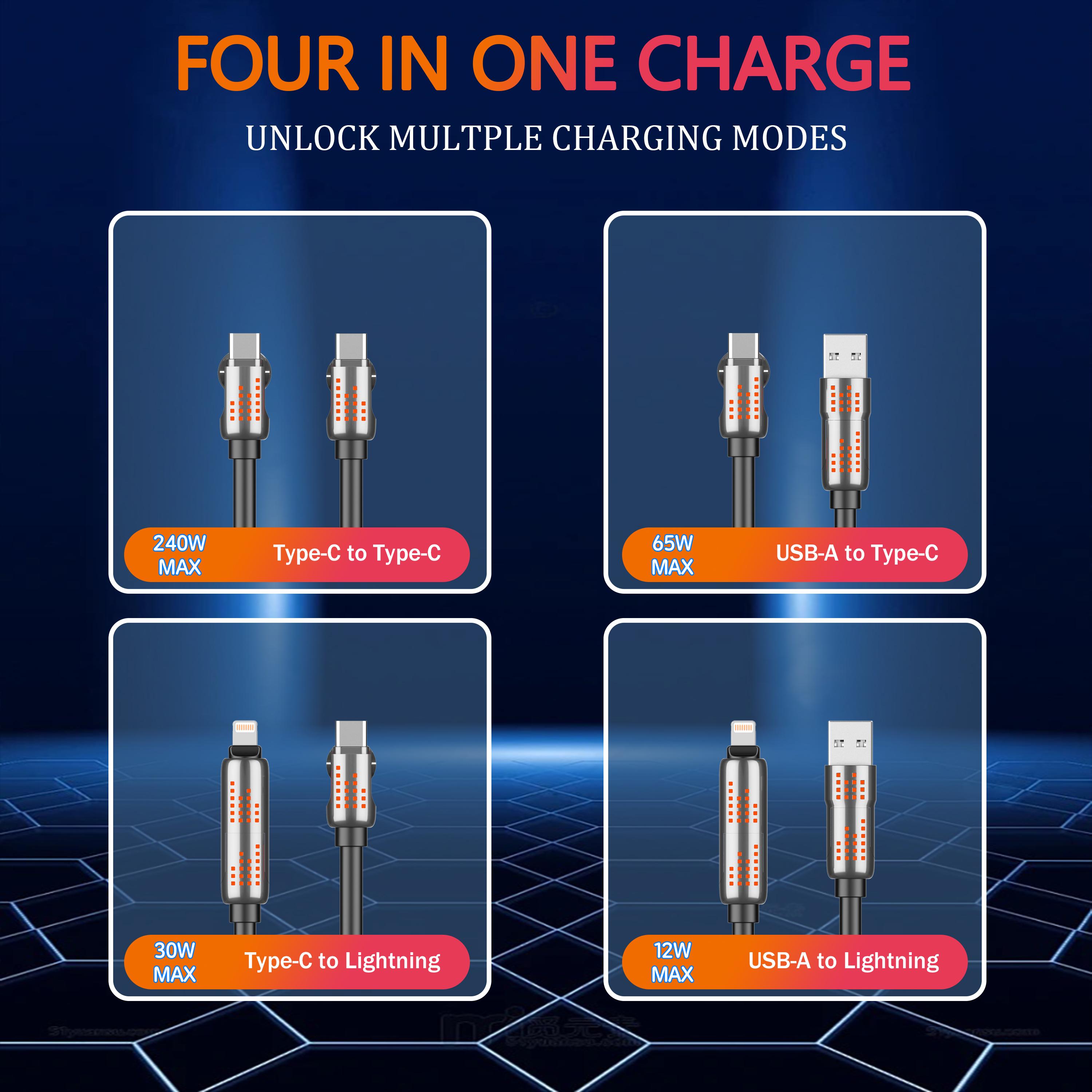 Multi-Functional 240W USB-C Cable: 4-in-1 Design, PD 5A Charging, Data Sync for iPhone, iPad, Samsung, and More