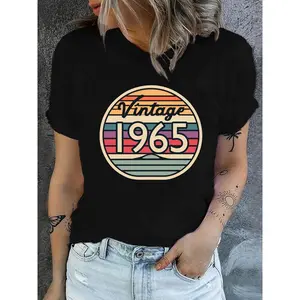 Vintage 1965 Print Women's Black Cotton Crew Neck Short Sleeve T-Shirt Soft Lightweight 180g Retro Graphic Tee for Casual Everyday Wear Tops Womenswear
