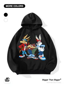 Classic Cartoon Looney Tunes Bunny Devil Print Loose Hoodie, Casual Breathable Unisex Sweatshirt, Trendy Outdoor Sports Wear