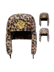 Unisex Plush Eagle Badge Leopard Print Baseball Cap, Adjustable Windproof Warm Hat for Outdoor Travel Beach Vacation Fall Winter