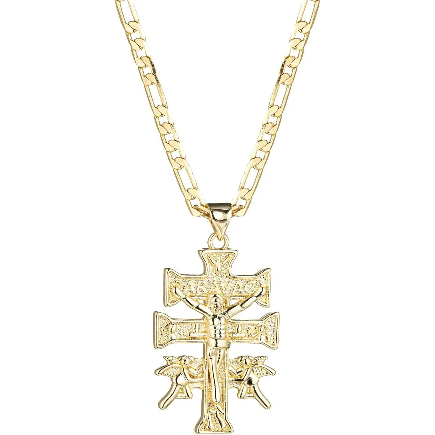 14K Gold Silver Tone Stainless Steel Catholic Caravaca Crucifix Cross Charm Pendant with Cherub Angel Necklace for Women Men 3mm Flat Figaro Chain Necklace