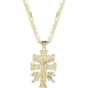 14K Gold Silver Tone Stainless Steel Catholic Caravaca Crucifix Cross Charm Pendant with Cherub Angel Necklace for Women Men 3mm Flat Figaro Chain Necklace