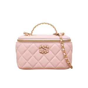 Pre-owned CHANEL leather Tote Bags Pink S laser gold buckle 24C handheld long box makeup bag with mirror 16cm double patchwork metal letters inlaid rhinestone handle