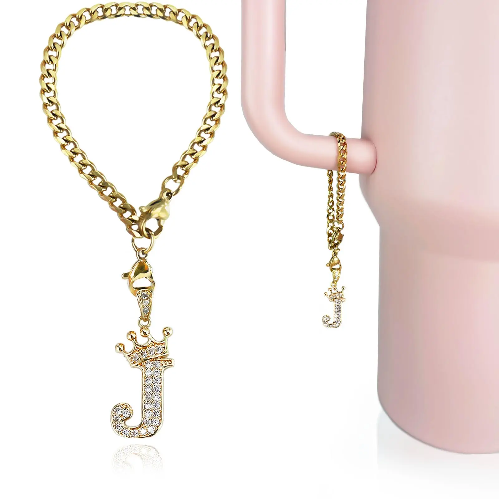 Cup Charms For Handle- Crown Letter Accessories Handle 40 Oz Tumblers Initial Keychain Water Bottle With Glitter Personalized Decorations J