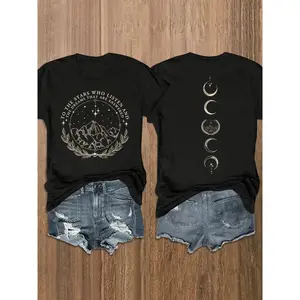Celestial Mountain Moon Phase Graphic Tee Women Vintage Aesthetic Short Sleeve Crewneck Oversized Casual Soft Summer Top For Streetwear Vacation Festival