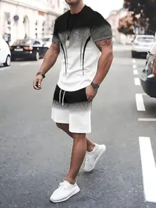 Men's Casual Sportswear Set, Athleisure Street Fit, Breathable Polyester Knit Fabric, Colorblock Gradient Print Short Sleeve T-Shirt & Shorts Combo, Sporty Round Neck, All Seasons Regular Fit