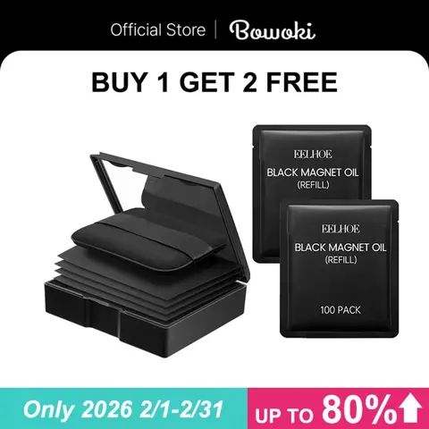 Makeup Puff Blotting Paper (Buy 1 Get 2 Free) - Oil Control Facial Makeup Tool for Adults, Powdered Strips, Black Magnetic Sheet, Portable Compact with Mirror, 400 Sheets + 8 Refill Adhesive Pads, Long-Lasting Freshness, Office & Daily Touch-Ups