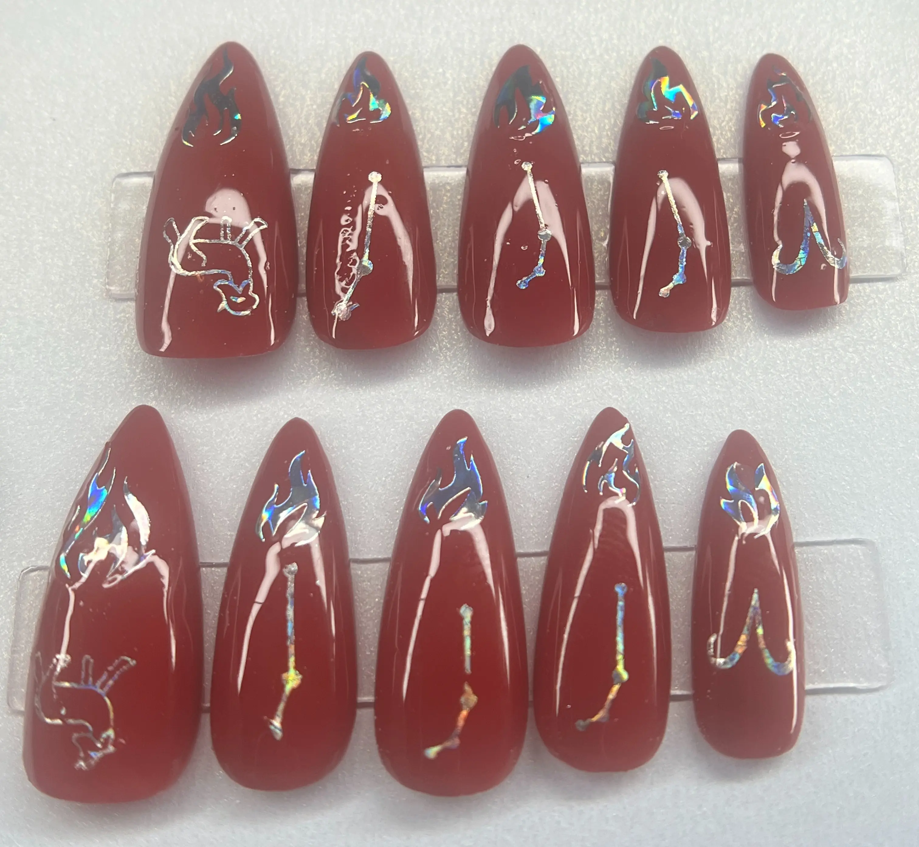 Women's Zodiac Theme Aries Press-On Nails - Deep Red Long Stiletto High Gloss Artisan Set, Holographic Decals, Custom Sizing, Cuticle Oil Wipes, No Bulky Edges, Smooth Feel, Adhesive Tabs, S Size, Glossy Base