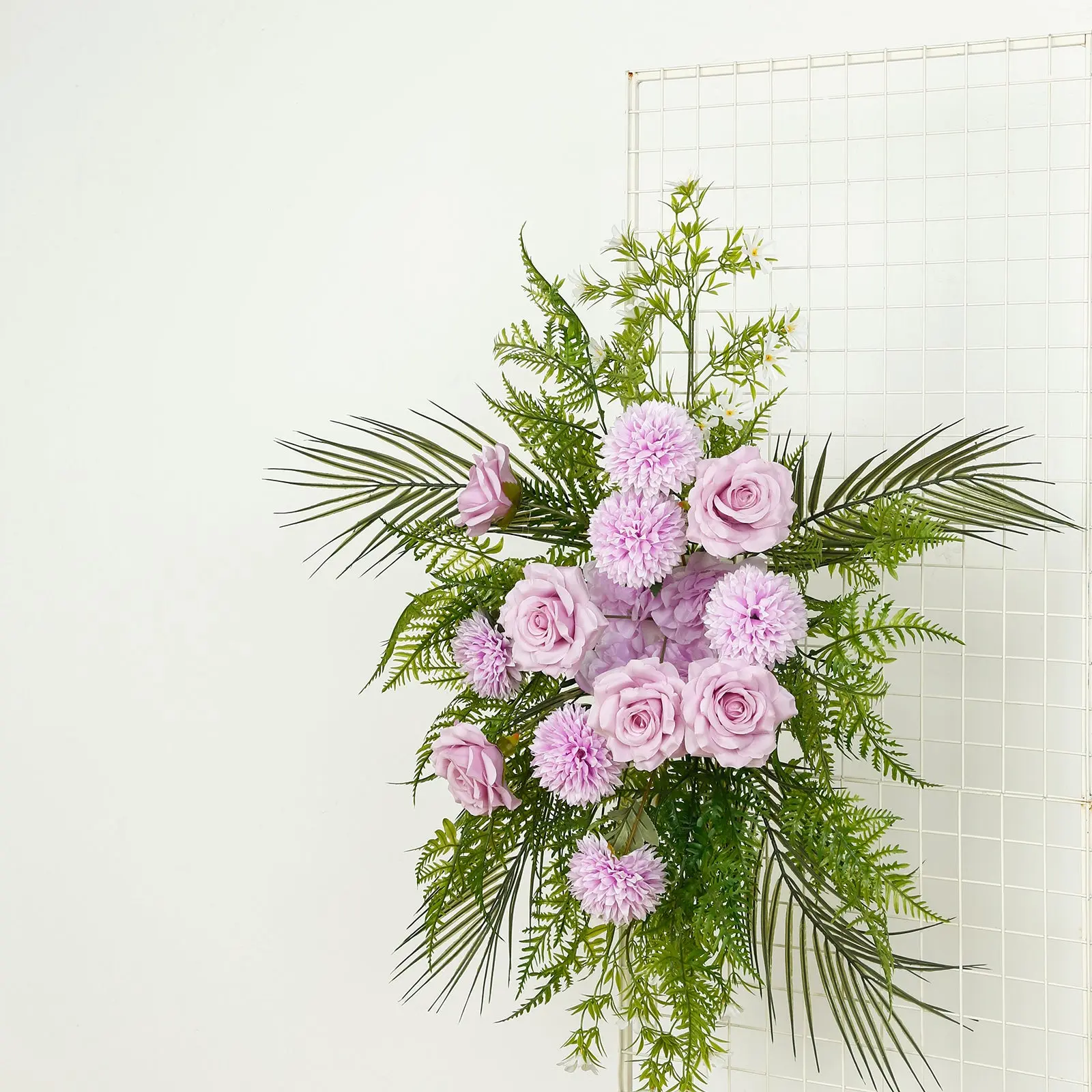 Decorative Wedding Arch Floral Swag - Artificial Mixed Blooms of Lavender, Lilac, Rose & Chrysanthemum with Greenery, Palm Leaves, Careful Packaging