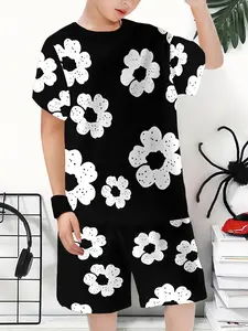 Boys' Floral Print Set, Casual Fitted Short Sleeve Top & Shorts, All over Print, Outdoor Wear, 2 Piece Set, Summer Fashion, Outfit